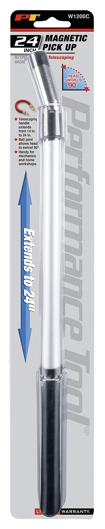 Telescoping Performance Tool W1200C Magnetic Pickup Tool - 24-Inch Extension, 90 Degree Swivel Head for Confined Spaces with Effortlessly Retrieve Small Parts