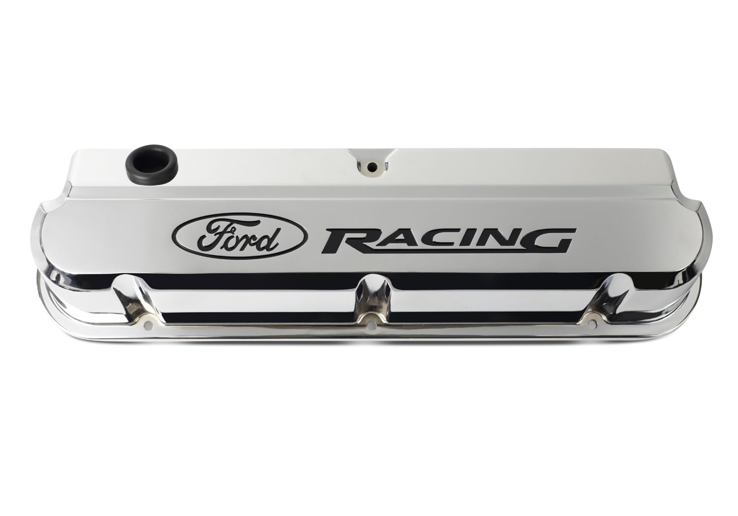 Ford Slant-Edge Valve Cover, Tall, Baffled, Breather Hole, Recessed Ford Racing Logo, Aluminum, Chrome