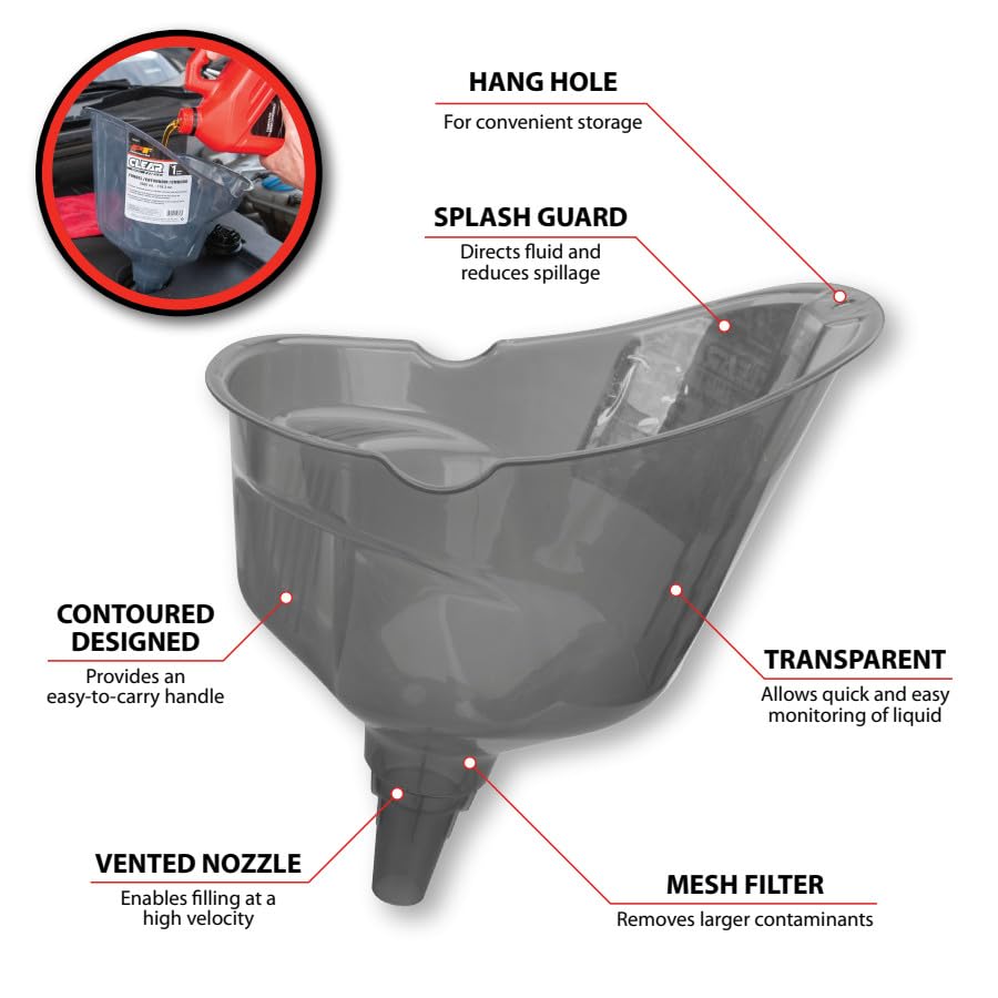 Easy-Fill Funnel Performance Tool W4051 - 1 Gallon, Transparent, Splash-Resistant Guard, Mesh Filter