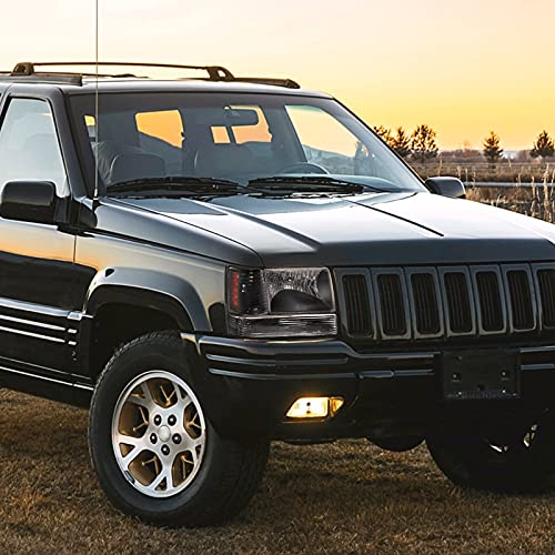 Black Housing SPEC-D TUNING Clear Lens Headlights + Bumper Lights + Corner Lamps Compatible with 1993-1996 Jeep Grand Cherokee, Left + Right Pair Headlamps Assembly