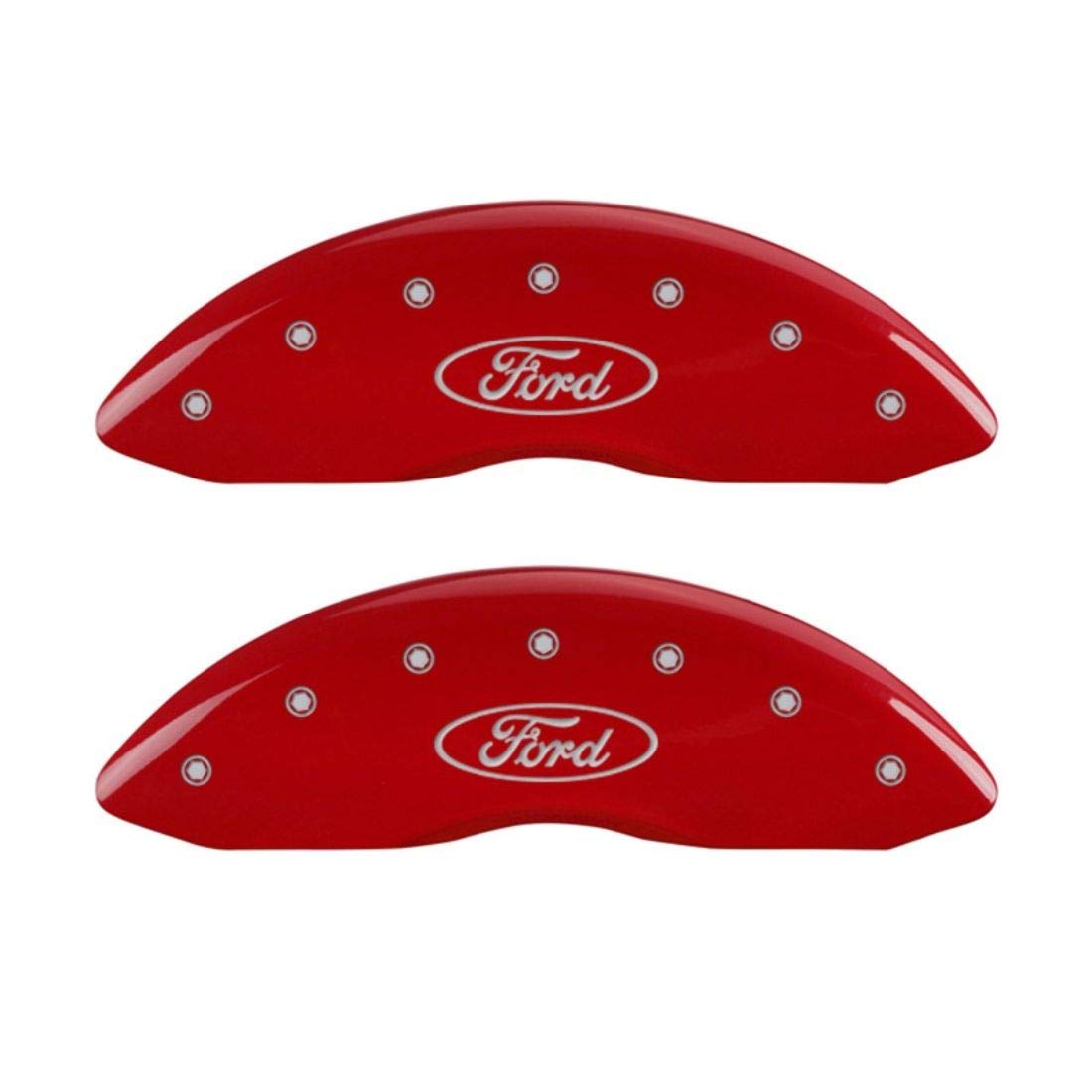 Ford Oval Logo Type MGP Caliper Covers 10232FFRDRD with Red Powder Coat Finish and Silver Characters, (Set of 2)