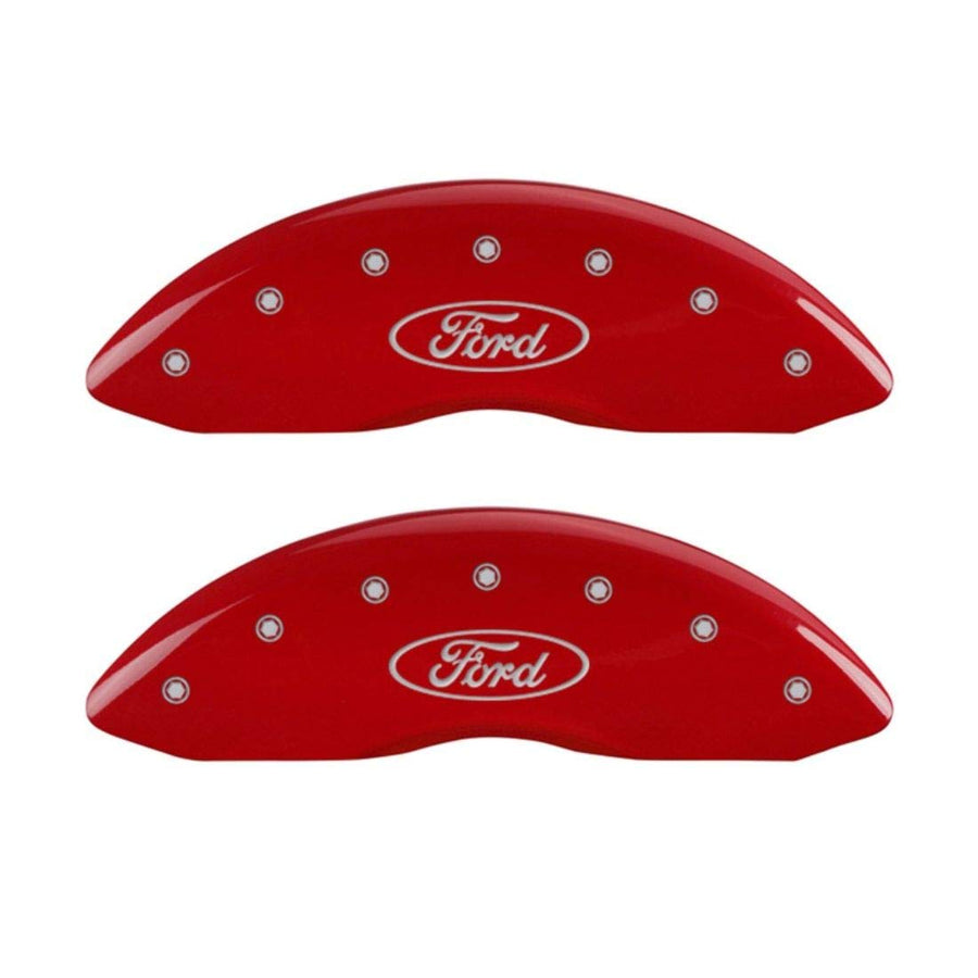 Ford Oval Logo Type MGP Caliper Covers 10234FFRDRD with Red Powder Coat Finish and Silver Characters, (Set of 2)