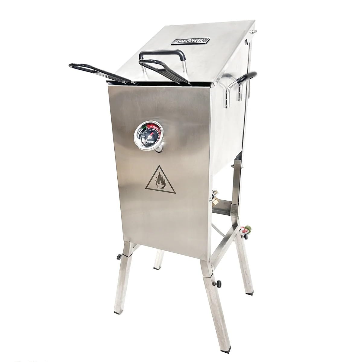 Bayou Classic 700-701 Stainless 4-gal Bayou Fryer Includes 2 Stainless Mesh Baskets Fry Thermometer Drain Valve High Pressure Regulator w/ 48-in Stainless Braided LPG Hose