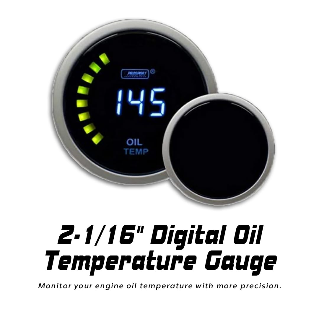 Performance Oil Temperature Gauge Prosport – Digital Series Blue – 52mm (2 1/16") – Electric Oil Temp Meter with Blue LED Display – Car Dashboard Monitoring Gauge for Performance Engines
