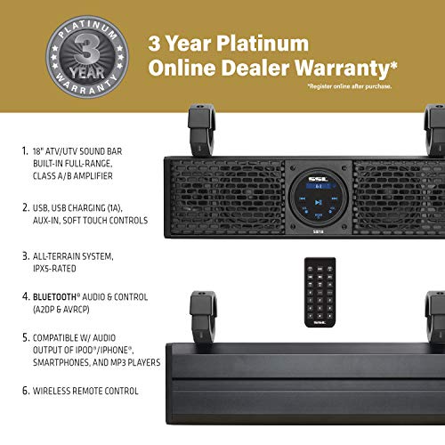 SB18 Sound Storm Laboratories UTV Sound Bar System - 18 Inch Wide, Weatherproof IPX5 Rated, Bluetooth, Amplified, 4 Inch Speakers, 1 Inch Horn Loaded Tweeters, Easy Installation for 12 Volt Vehicles