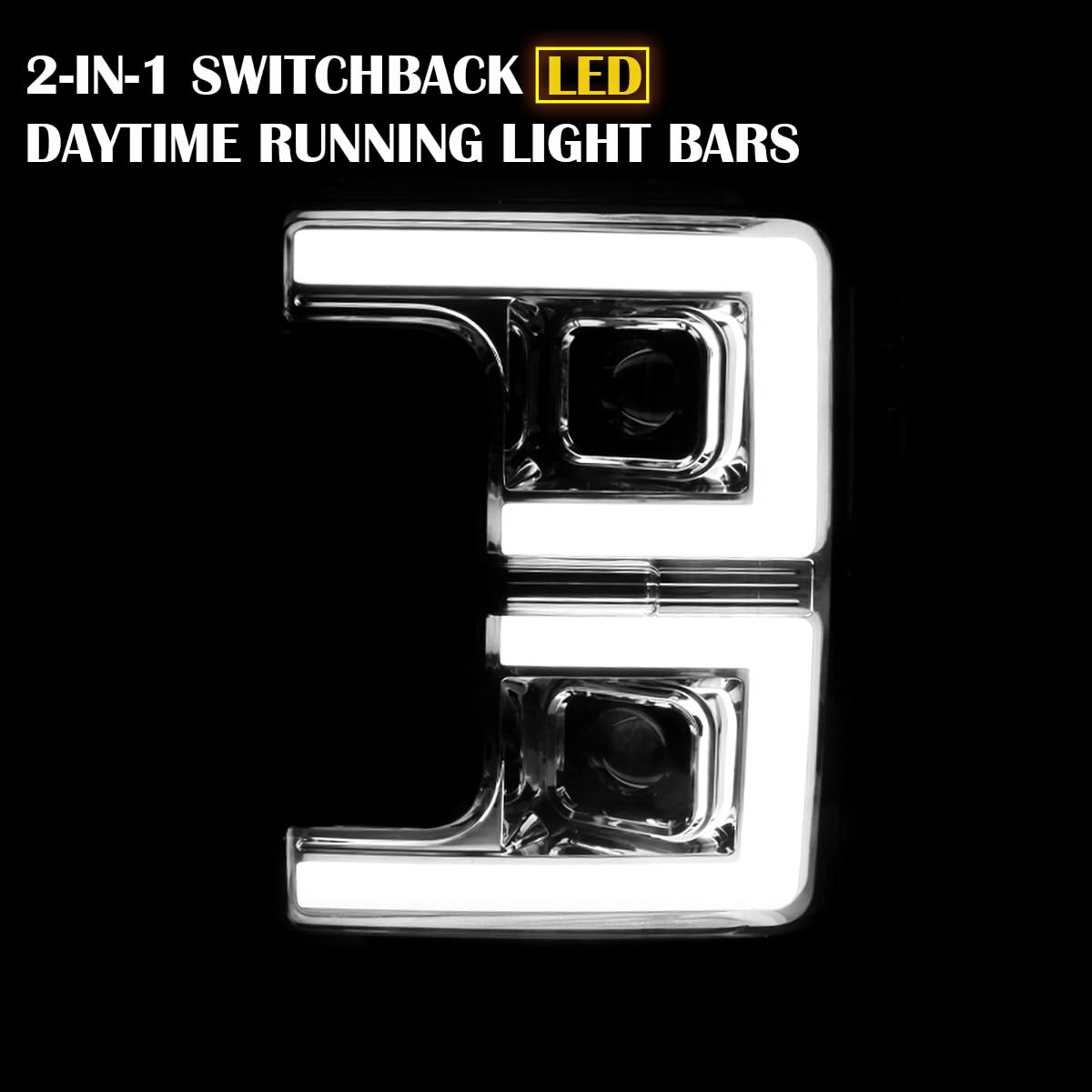 Chrome Projector Headlights SPEC-D TUNING w/LED Sequential Turn Signal Switchback Compatible with 2017-2019 Ford F-250, F-350, F-450, F-550 Super Duty, Left + Right Pair Headlamps Assembly