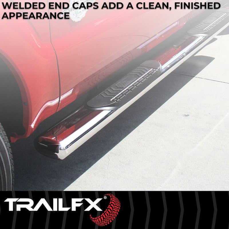 Toyota Tacoma Crew Cab TrailFX A8215S Truck Running Boards Fits 2005-2011 Oval 6 Inch Straight Side Bars with Step Pads, Polished Stainless Steel, Welded End Caps, Rocker Panel Mount