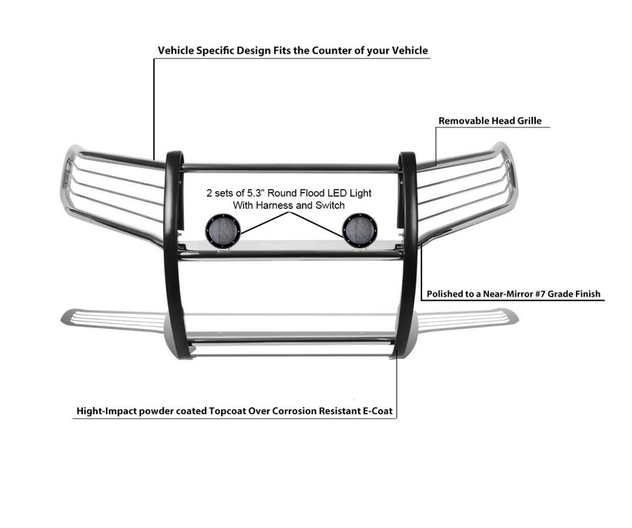 Bumper Guard Black Horse Grille Brush Modular Stainless Steel Come with Pair of 5.3" Dia.LED Lights with Black Trim Rings Compatible with 2010-2024 Toyota 4Runner-17TU31MSS-PLFB