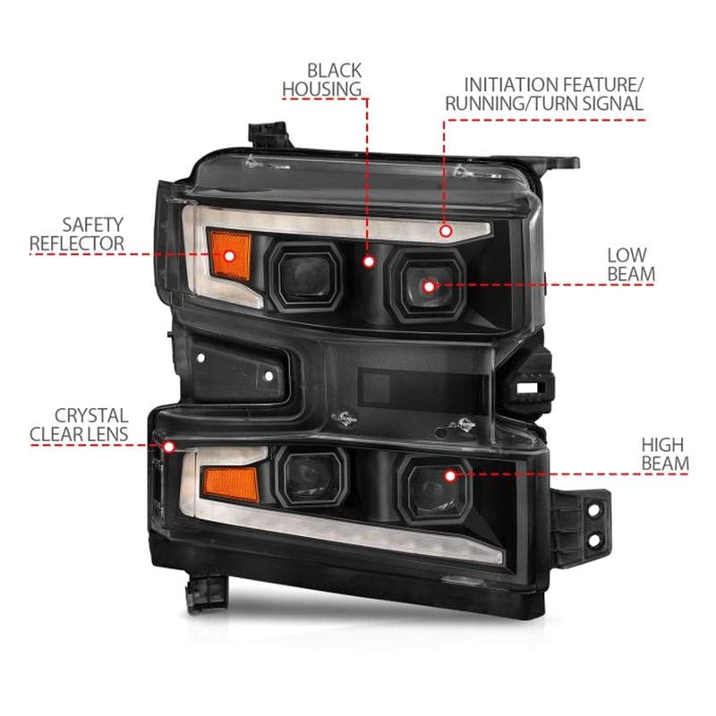 ANZO - 19-22 Chevrolet Silverado 1500 LED Proj HL w/LGT Bar SwBk Seq. Blk w/in. Light - Driver Side ON (111566-L)