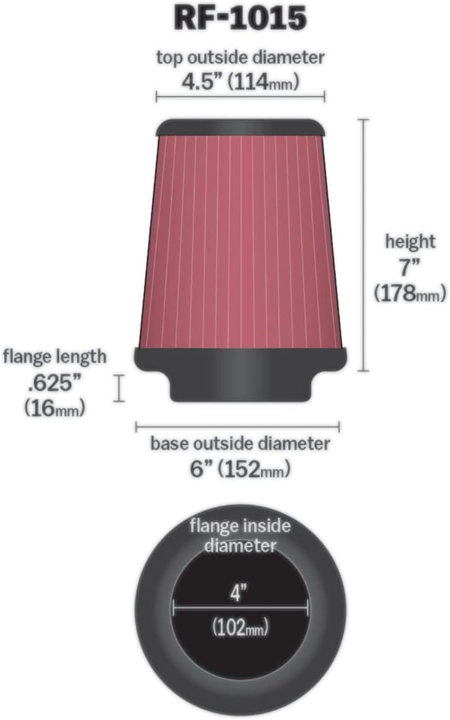 High-Flow K&N Original Lifetime Universal Clamp-On Air Filter: High Performance, Premium, Washable: Flange Diameter: 4 In, Filter Height: 7 In, Flange Length: 0.625 In, Shape: Round Tapered, RF-1015
