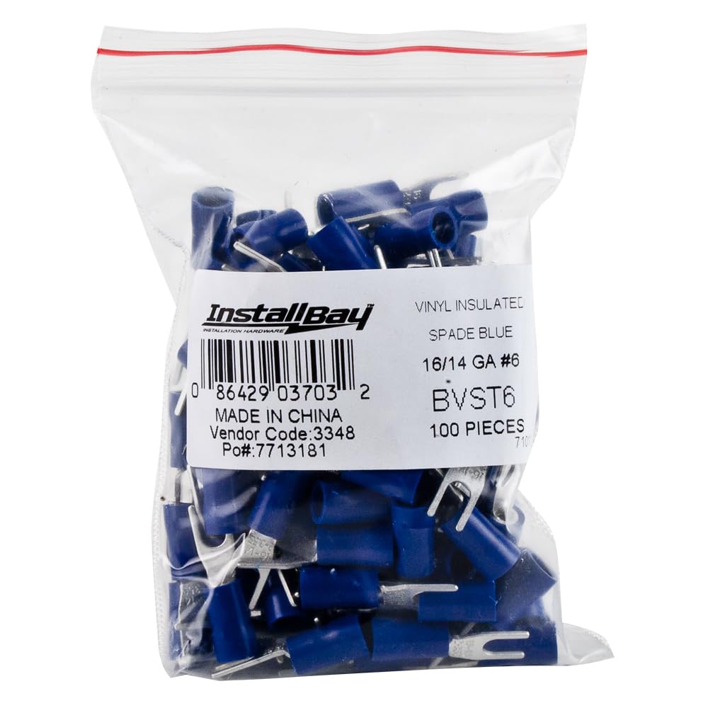 Install Bay BVST6 Vinyl Connector Spade Terminal 16/14 Gauge #6, Blue (100-Pack)