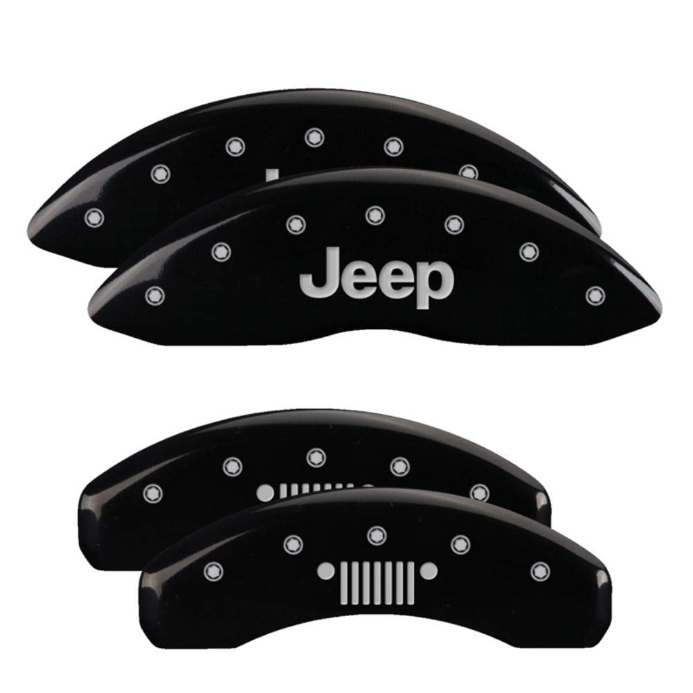 Brake Caliper Covers MGP Compatible with Jeep Grand Cherokee 2011-21, WK 2022 (Requires 17"+ Wheels) Black Powder-Coated Finish, Engraved Silver Jeep/Grill Logo, Aluminum Caliper Covers (Set of 4)