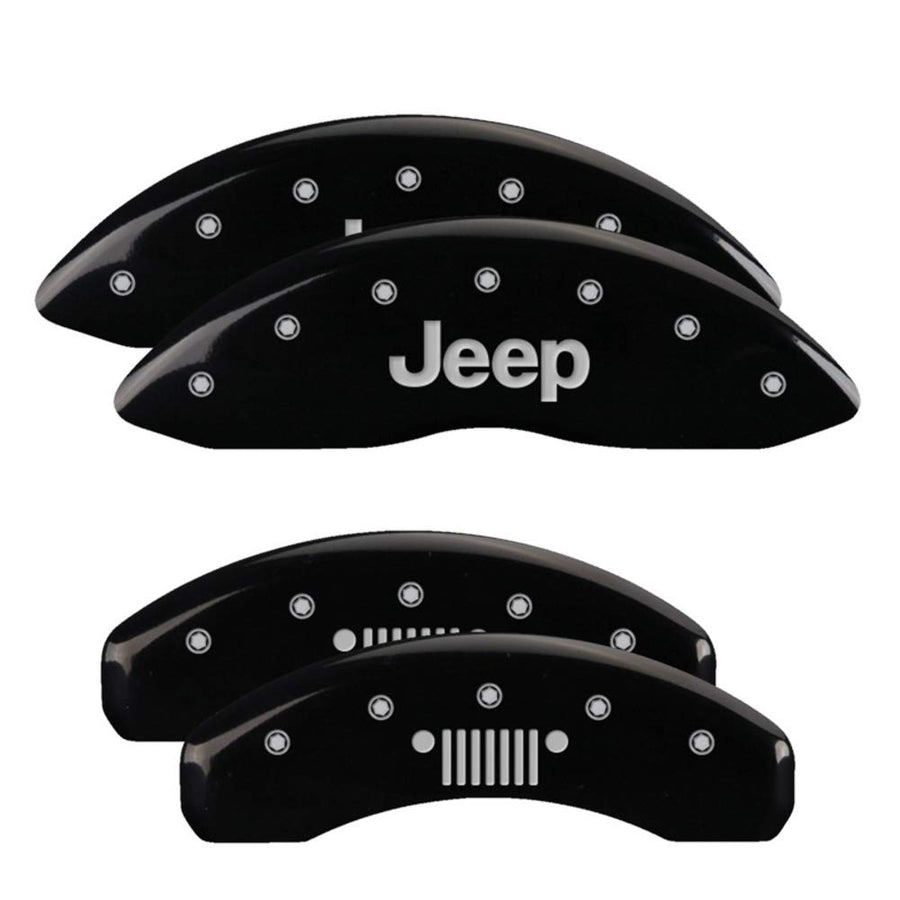 Brake Caliper Covers MGP Compatible with Jeep Grand Cherokee 2011-21, WK 2022 (Requires 17"+ Wheels) Black Powder-Coated Finish, Engraved Silver Jeep/Grill Logo, Aluminum Caliper Covers (Set of 4)