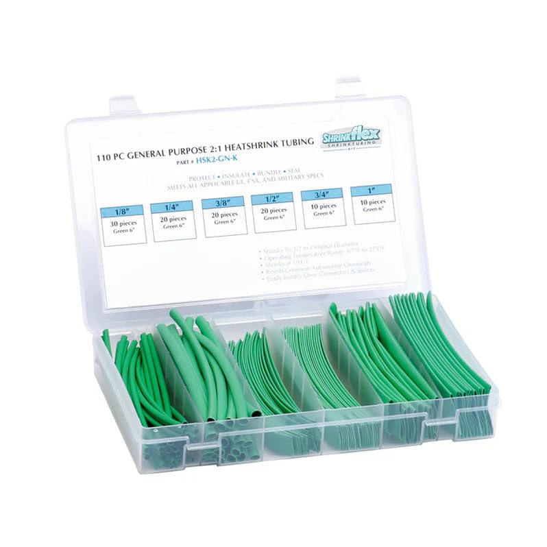 TUBING KIT: Shrink 110 PCS, 6" Lengths, 6 Sizes(1/8" to 1"), 2:1 Heat Shrink TUBING, Green