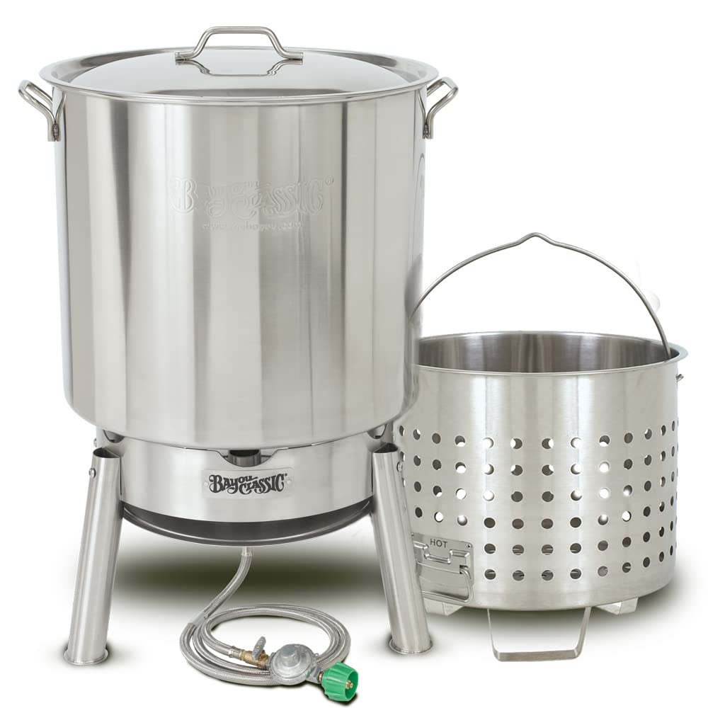 KDS-982 Bayou Classic Stainless Steel Steamer Kit Features 82-qt Stockpot with Lid, Steam Basket with Helper Handle, Single Jet 106,000 BTU Burner, 10-psi Pre-Set Regulator and 60-in Hose