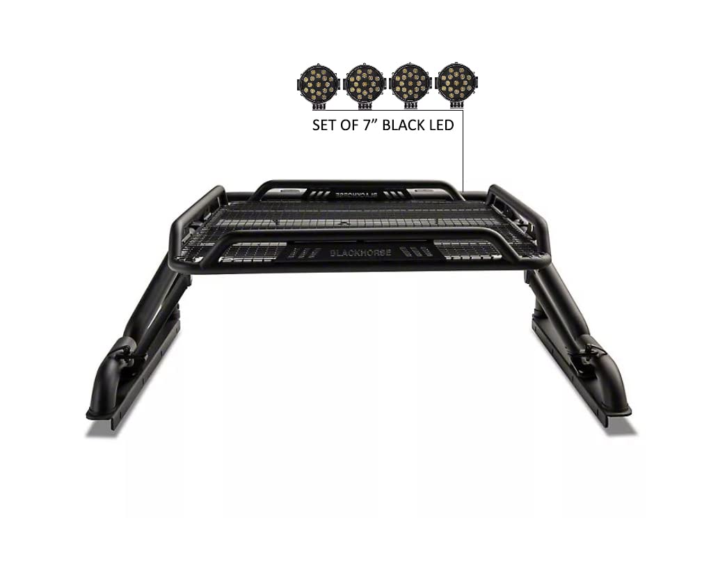 Warrior Black Horse Roll Bar incl. Pair of 7.0" Dia.LED Lights w/Black Trim Rings Compatible with 1/2 TON Trucks (GM Silverado 14+/Ford F150 15+/Dodge RAM 15+) with Full Size Cargo Basket