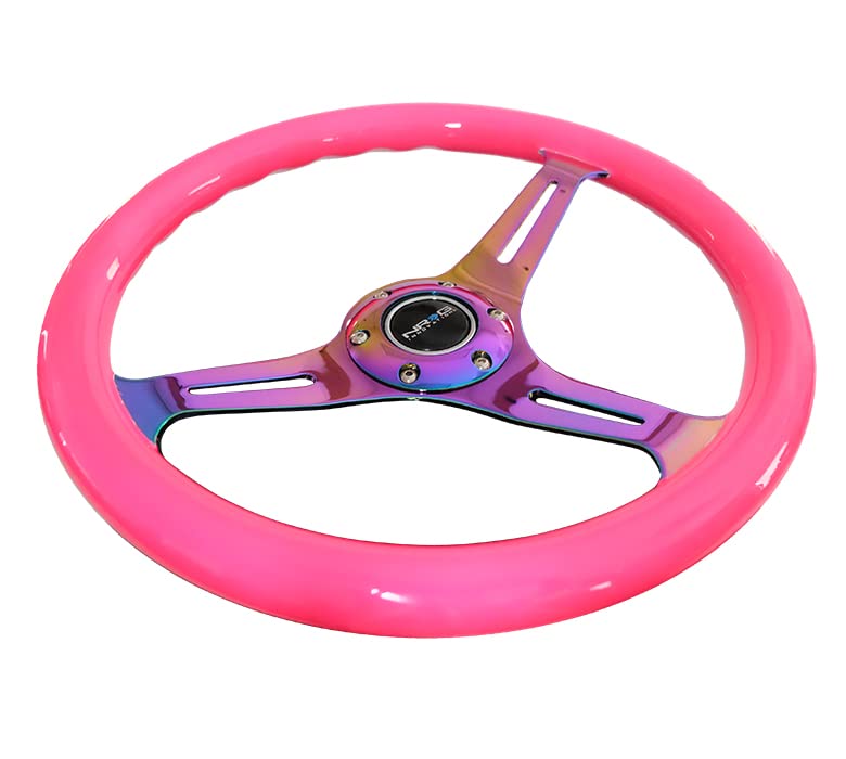 NRG Innovations Classic Wood Grain Steering Wheel NRG-ST-015MC-NPK, 350mm 3 Neochrome Spokes-Neon Pink Color