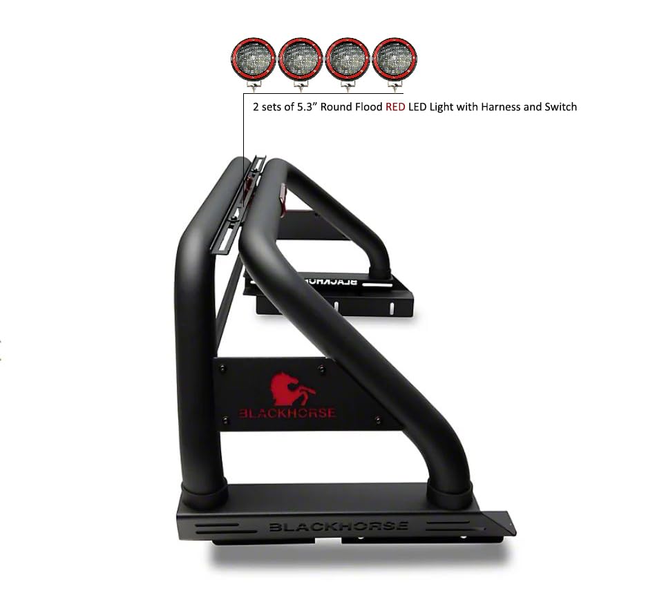 Classic Black Horse Roll Bar Incl. Set of 5.3" Dia.Led Lights w/Red Trim Rings Compatible with 2005-2024 Toyota Tacoma-RB006BK-PLFR