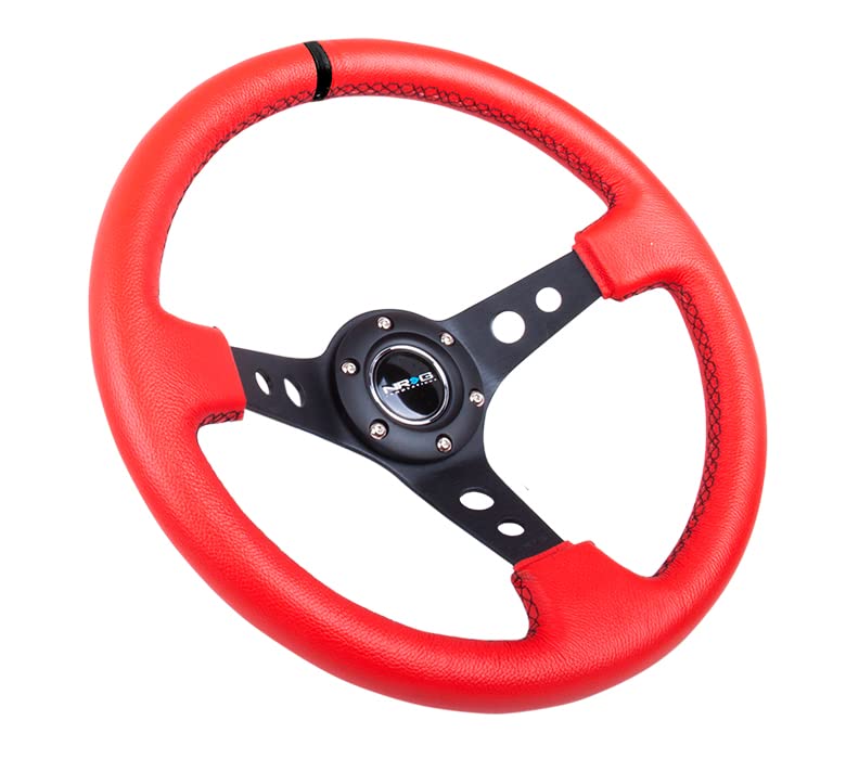 NRG Innovations Reinforced Steering Wheel NRG-RST-006RR-BS-B 350mm Sport Steering Wheel (3" Deep) Black Spoke With Suede Finish And Black Stitch, Red Leather/Black Round Holes