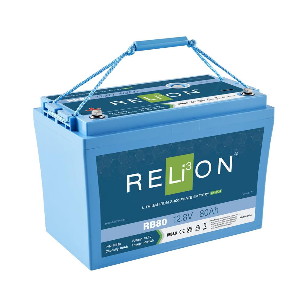 12V RELiON RB80 | 80Ah | LiFePO4 Lithium-ion Battery | Group 27 | 3500~5000 Cycles | Waterproof (IP67 Rating) | 10 Year Warranty | Perfect for Boat, Kayak, Trolling Motor, RV, Solar, Off Grid etc.