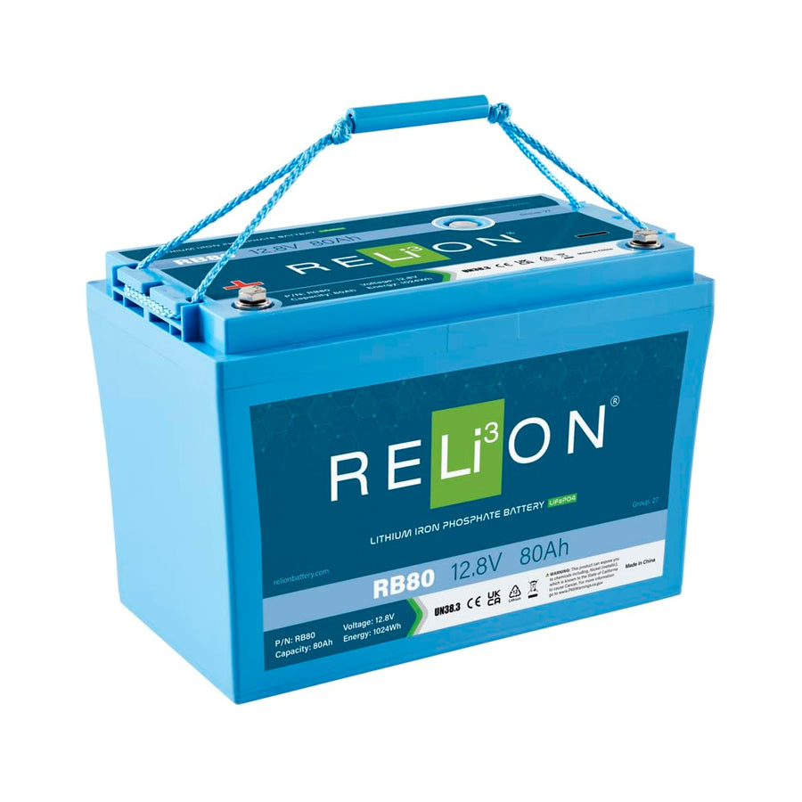 12V RELiON RB80 | 80Ah | LiFePO4 Lithium-ion Battery | Group 27 | 3500~5000 Cycles | Waterproof (IP67 Rating) | 10 Year Warranty | Perfect for Boat, Kayak, Trolling Motor, RV, Solar, Off Grid etc.