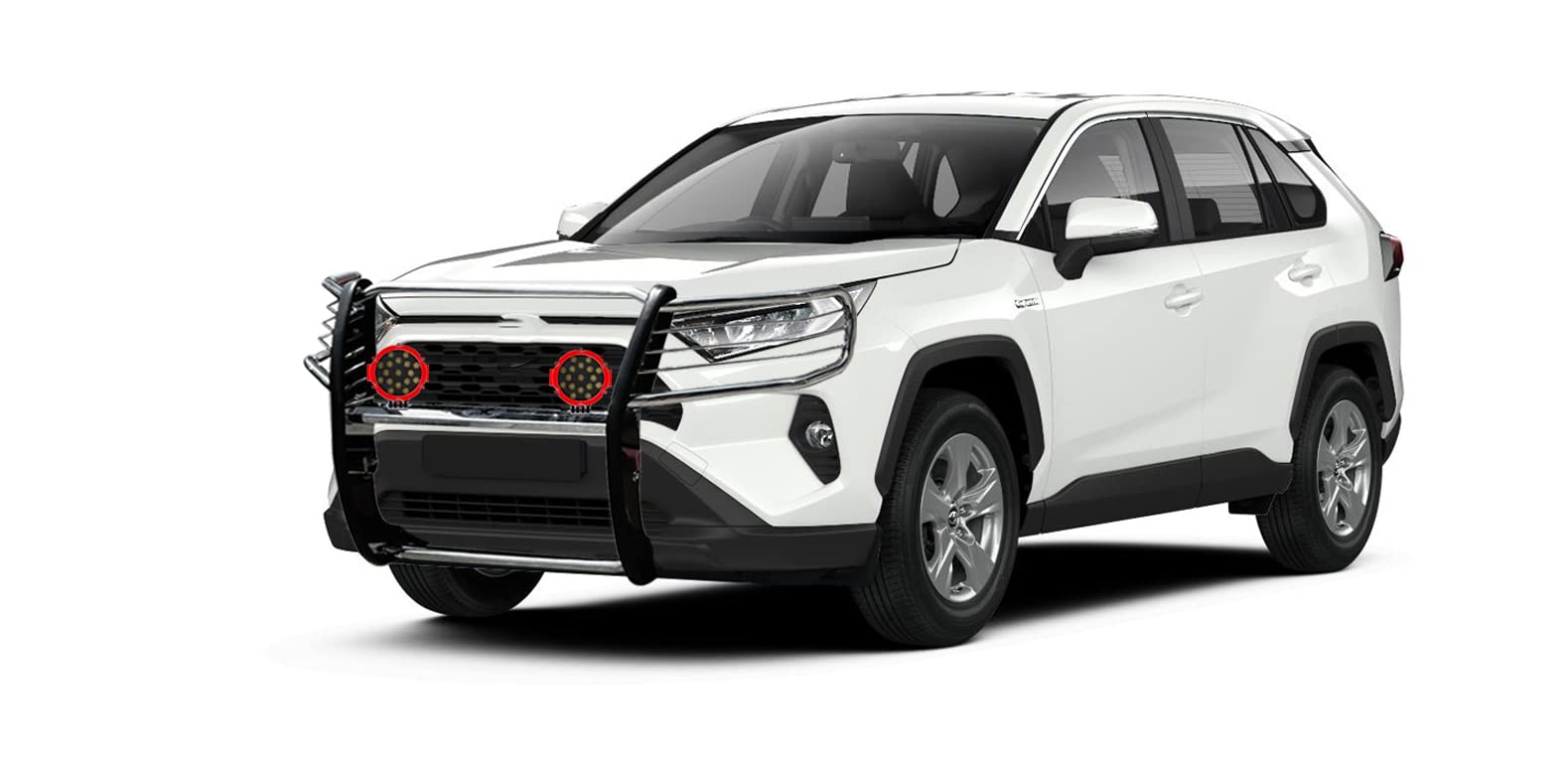 Bumper Guard Black Horse Grille brush Modular Stainless Steel Come With pair of 7.0"Dia.LED Lights with Red Trim Rings Compatible with 2019-2024 Toyota RAV4-17A093904MSS-PLR
