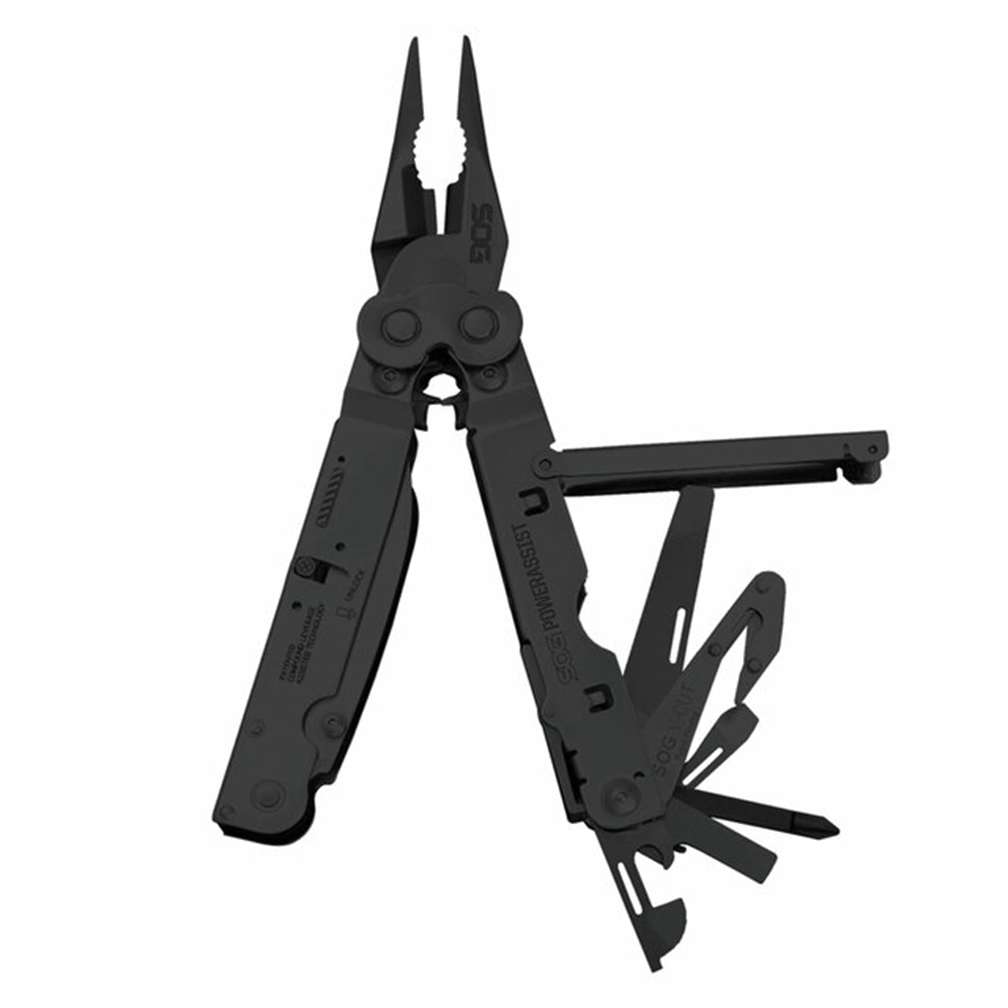 PowerAssist SOG Multi-Tool Pliers- Multi-Tool Pocket Knife and Utility Tool Set with 16 Lightweight Specialty Tools and EDC Sheath (B66N-CP), Black
