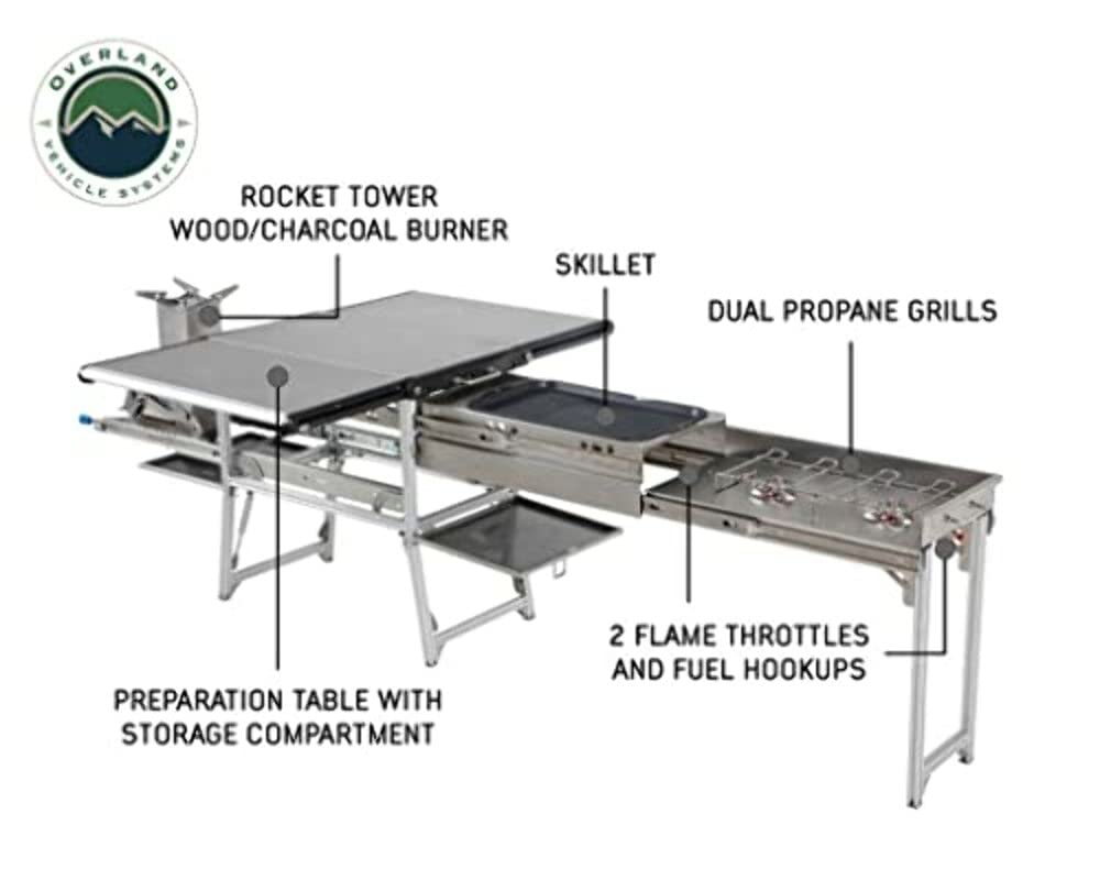 Komodo Camp Kitchen Overland Vehicle Systems - Dual Grill, Skillet, Folding Shelves, and Rocket Tower - Marine Grade Stainless Steel and Aircraft Grade Aluminum Construction