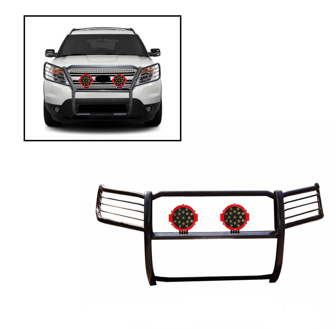 Bumper Guard Modular Black Black Horse Grille brush Come With pair of 7.0"Dia.LED Lights with Red Trim Rings Compatible with 2011-2015 Ford Explorer-17FJ28MA-PLR