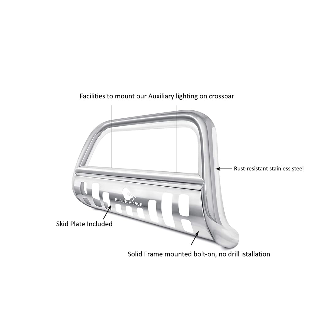 Bull Bar Black Horse Skid Plate Stainless Steel Compatible with 2003-2005 Dodge Ram 1500|2006-2008 Dodge Ram 1500|2003-2009 Dodge Ram 2500/3500|2006-2009 Dodge Ram 2500/3500-BB076010-SP