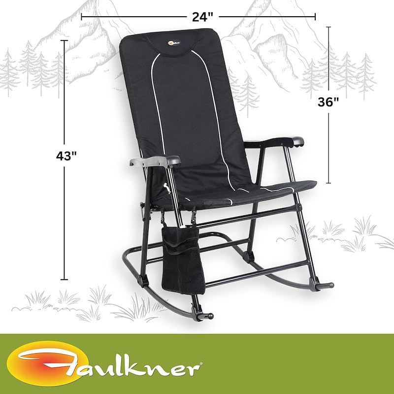 Dakota Faulkner Folding Rocking Chair Black Padded Seat and Backrest Lightweight Steel Frame Side Pouch 300 lb Capacity Foldable Outdoor Camping and Patio Chair
