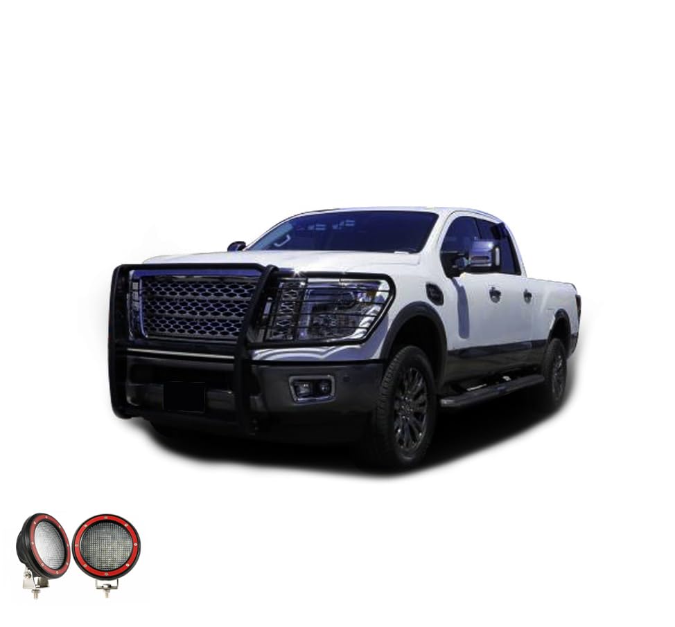 Bumper Guard Modular Black Black Horse Grille brush Come With Pair of 5.3" Dia.LED Lights with Red Trim Rings Compatible with 2016-2024 Nissan Titan XD-17NR28MA-PLFR