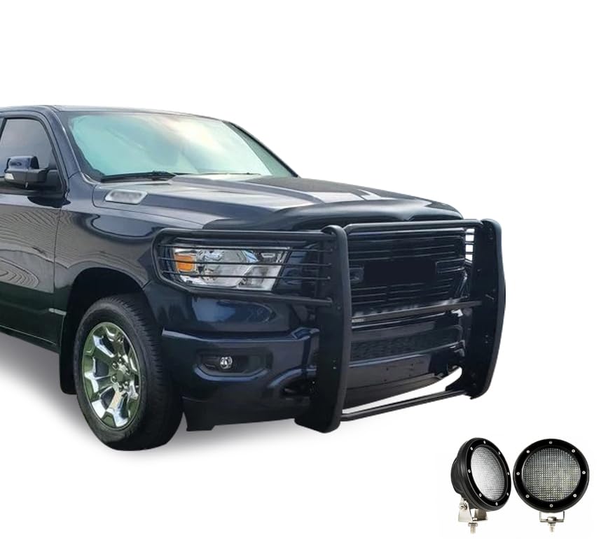 Bumper Guard Modular Black Black Horse Grille Brush Come with Pair of 5.3" Dia.LED Lights with Black Trim Rings Compatible with 2019-2024 Ram 1500-17DG111MA-PLFB