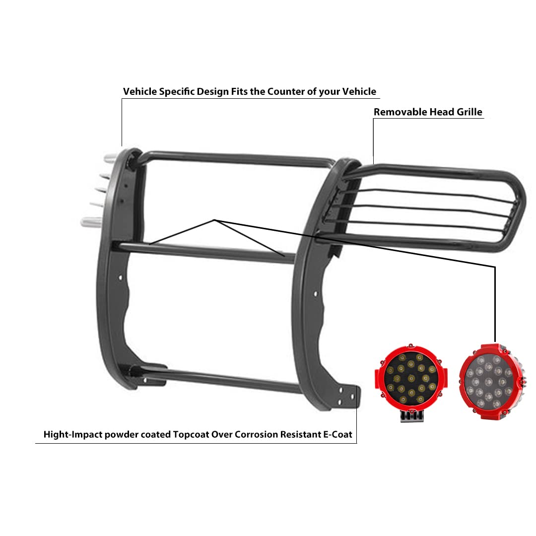 Bumper Guard Modular Black Black Horse Grille brush Come With pair of 7.0"Dia.LED Lights with Red Trim Rings Compatible with 1997-2003 Infiniti QX4|1996-2004 Nissan Pathfinder-17NE23MA-PLR