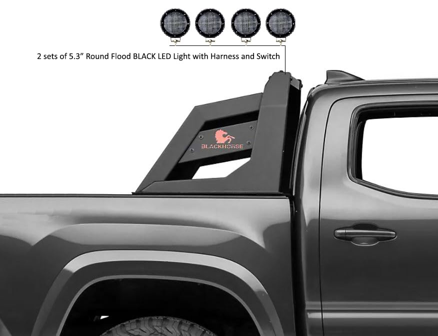 Armour Black Horse Roll Bar Incl. Set of 5.3" Dia.LED Lights w/Black Trim Rings Matte Black Compatible with 2015-2024 Chevrolet Colorado|2015-2024 GMC Canyon|2015-2024 Toyota Tacoma-RB-AR3B-PLFB