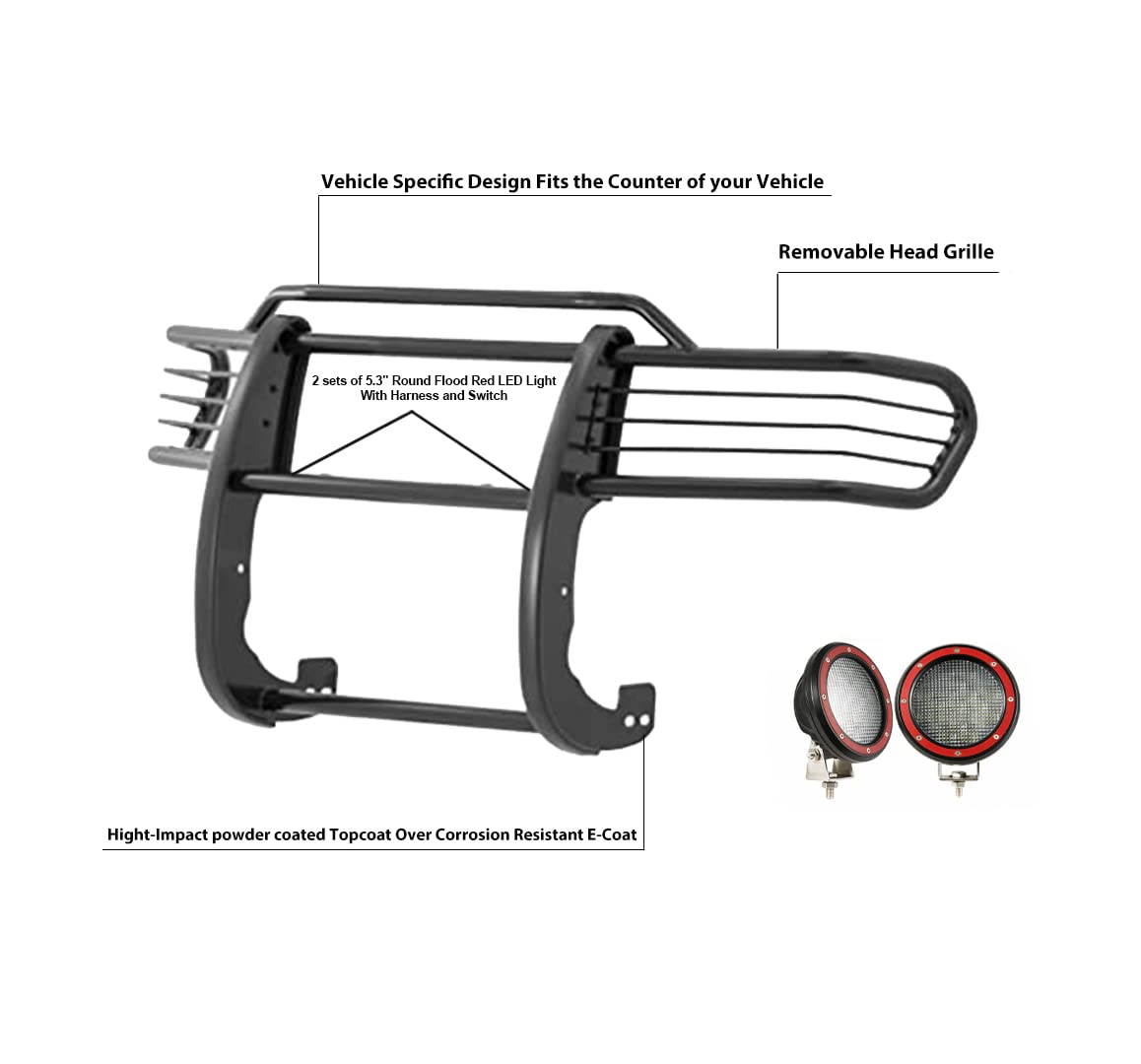 Grille Brush Black Horse Bumper Guard Modular Black Come with Pair of 5.3" Dia.LED Lights with Red Trim Rings Compatible with 2007-2014 Toyota FJ Cruiser-17A098600MA-PLFR
