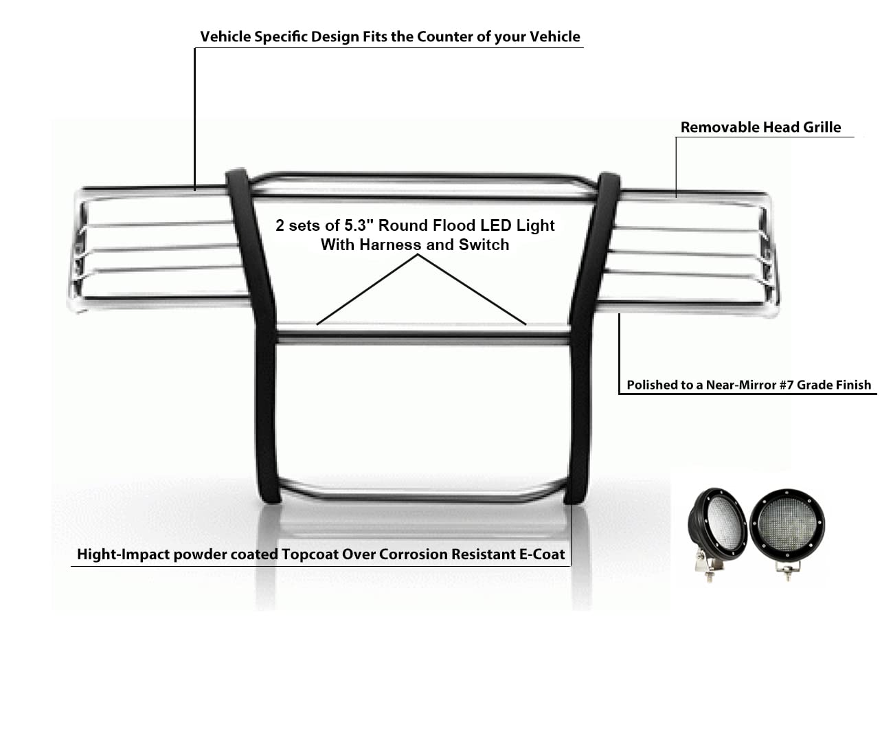 Bumper Guard Black Horse Grille Brush Modular S/S Come with Pair of 5.3" LED Lights Compatible with 1999-2002 Silverado 1500|2000-2006 Suburban 1500/Tahoe/Yukon/Yukon XL 1500-17GT23MSS-PLFB