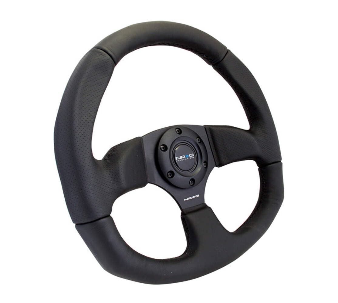 NRG Innovations Reinforced Steering Wheel NRG-RST-009R Leather Steering Wheel With/Black Stitch/Black Leather/Spoke D-Shape Flat Bottom 320 MM / 330 MM