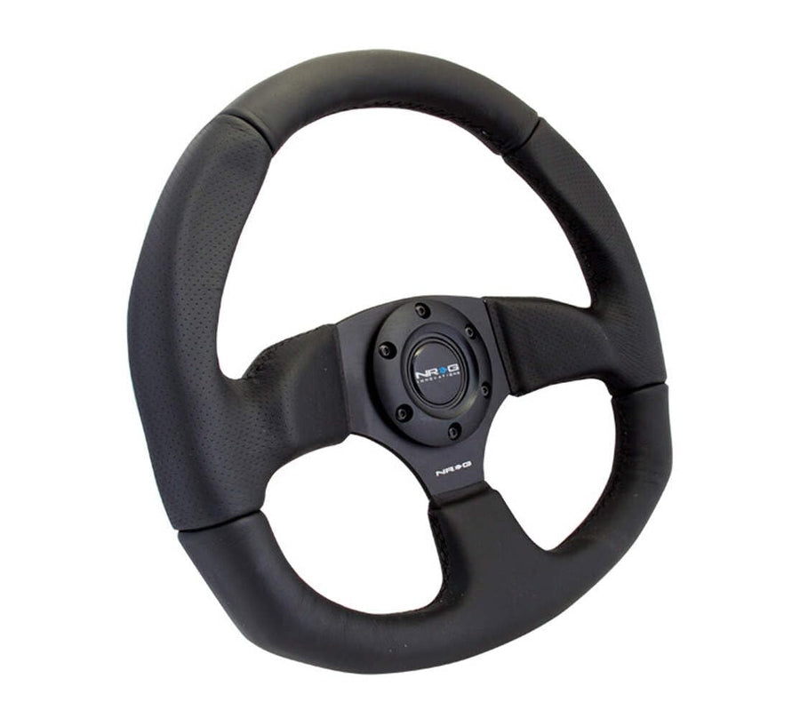 NRG Innovations Reinforced Steering Wheel NRG-RST-009R Leather Steering Wheel With/Black Stitch/Black Leather/Spoke D-Shape Flat Bottom 320 MM / 330 MM