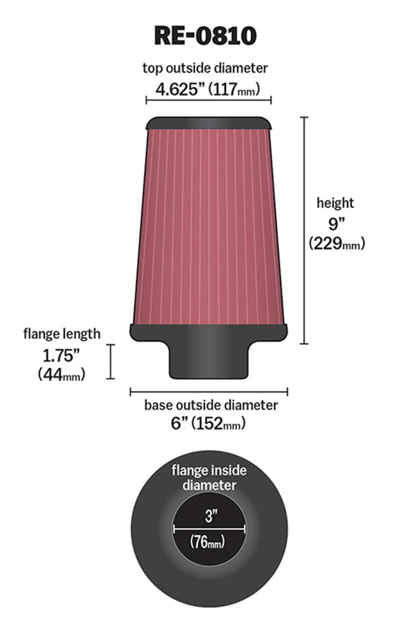 High-Flow K&N Original Lifetime Universal Clamp-On Air Filter: High Performance, Premium, Washable: Flange Diameter: 3 In, Filter Height: 9 In, Flange Length: 1.75 In, Shape: Round Tapered, RE-0810