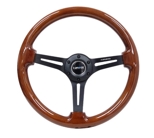 NRG Innovations Reinforced NRG-RST-018BR-BK Classic Wood Grain Steering Wheel, 350mm, 75mm Deep, 3 Spoke Slotted Center Black With Brown Painted Wood, Double Riveted Spokes