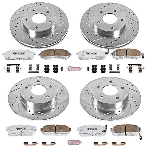 Power Stop K2281-26 Z26 Carbon Fiber Brake Pads Front and Rear with Drilled & Slotted Brake Rotors Kit For INFINITI I30 2000-2001 [Model Specific]
