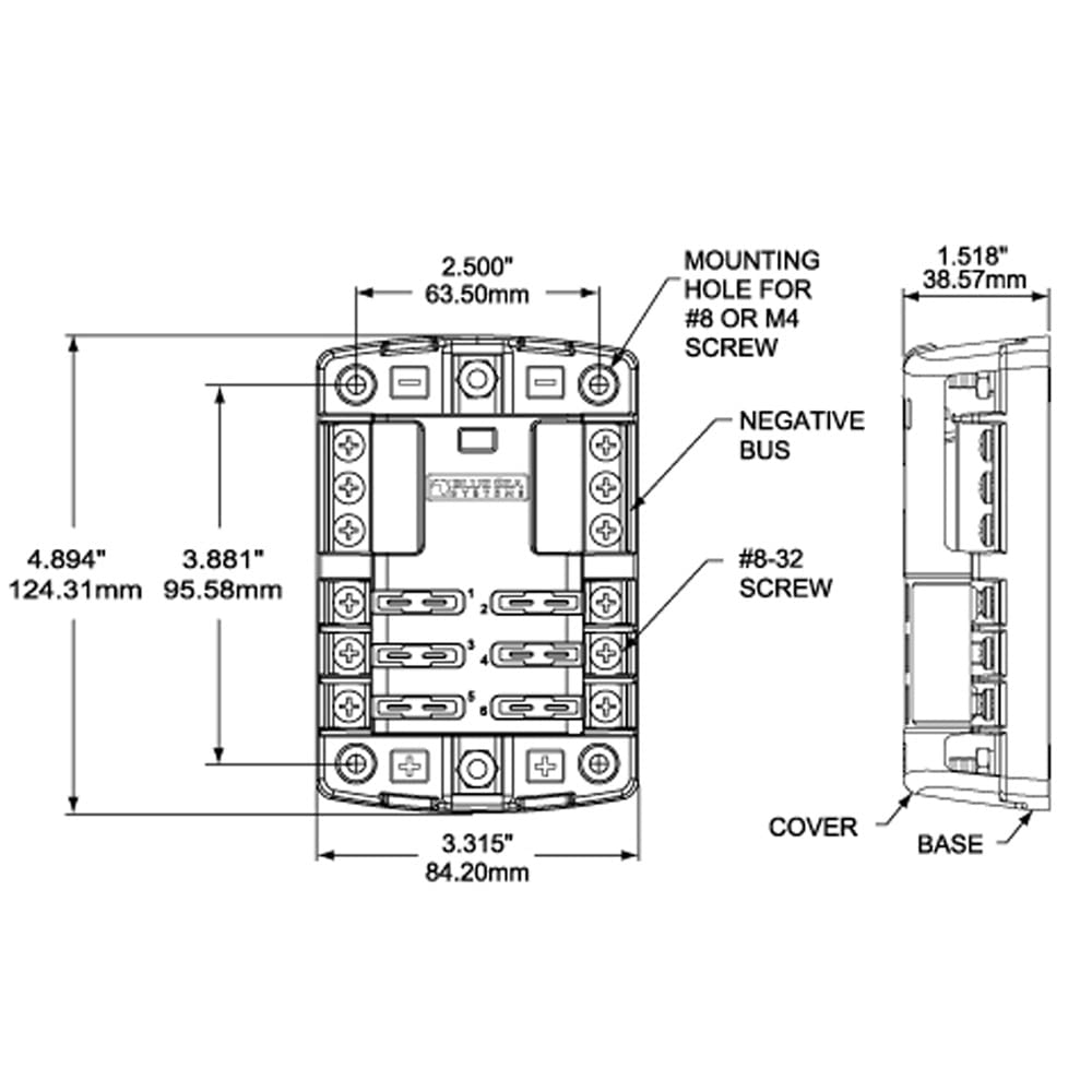 ST Blade Fuse Block Blue Sea Systems 5030 6 Circuit with Ground, 100 Amps
