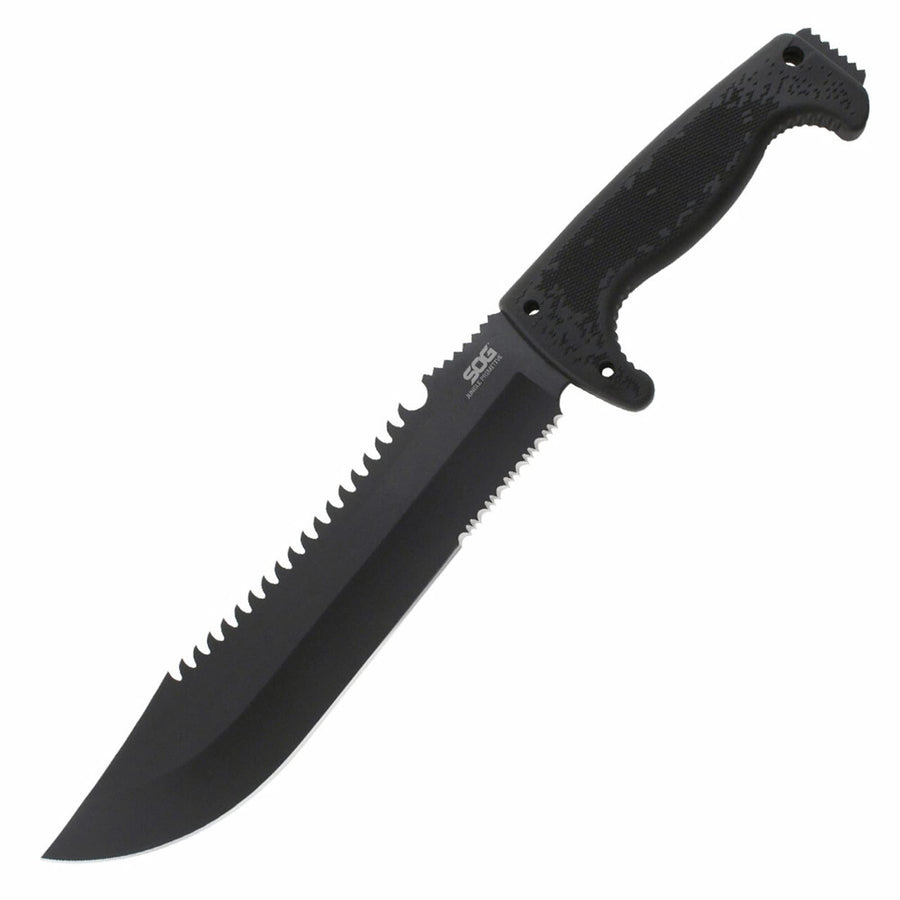 SOG Fixed Blade Jungle Primitive- Camping and Field Tactical Machete with Sheath for Clearing Brush, Full Tang Survival Knife 15.3 Inches (F03TN-CP), Steel,Black