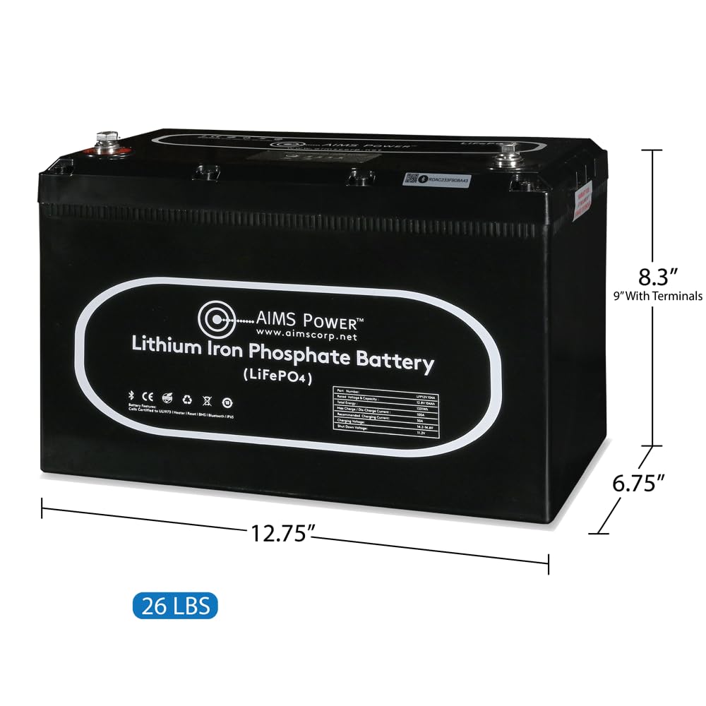 AIMS Lithium 12V LiFePO4 Battery 104Ah with Wake-Up, BT Monitoring & Internal Heater LFP12V104A