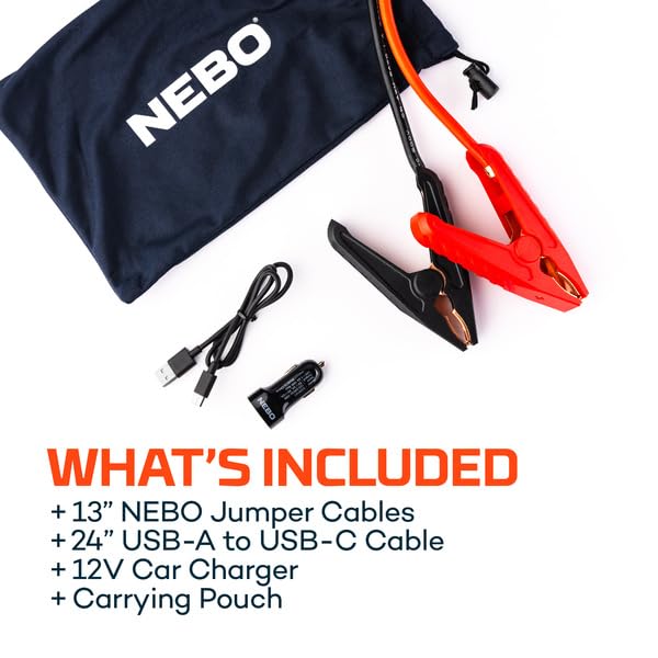 Assist 2000XP NEBO Jump Starter | 2000 Amps, 55.5Wh Power Supply, Multi-Device Charging, and Integrated Floodlight, USB Compatible, Portable Battery, Automotive, Emergency, Spark-Proof Safety