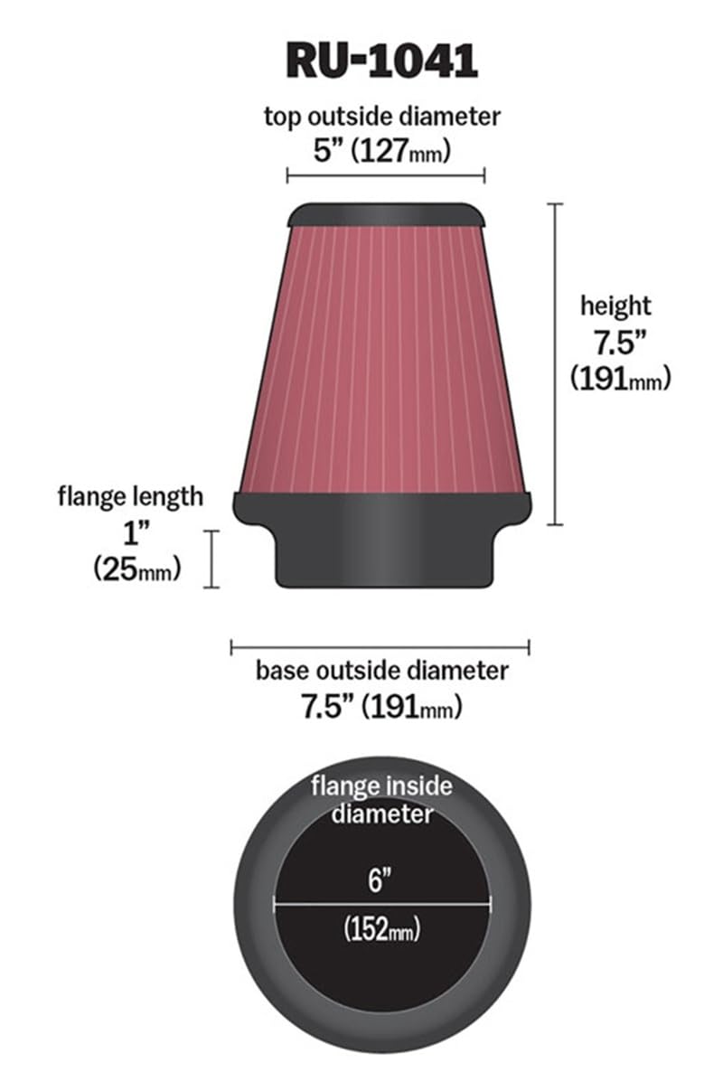 High-Flow K&N Original Lifetime Universal Clamp-On Air Filter: High Performance, Premium, Washable: Flange Diameter: 6 In, Filter Height: 7.5 In, Flange Length: 1 In, Shape: Round Tapered, RU-1041