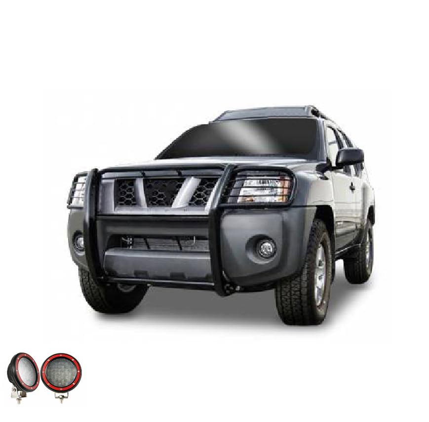 Bumper Guard Black Horse Grille Brush Modular Black Come with Pair of 5.3" Dia.LED Lights with Red Trim Rings Compatible with 2005-2015 Nissan Xterra-17A112100MA-PLFR