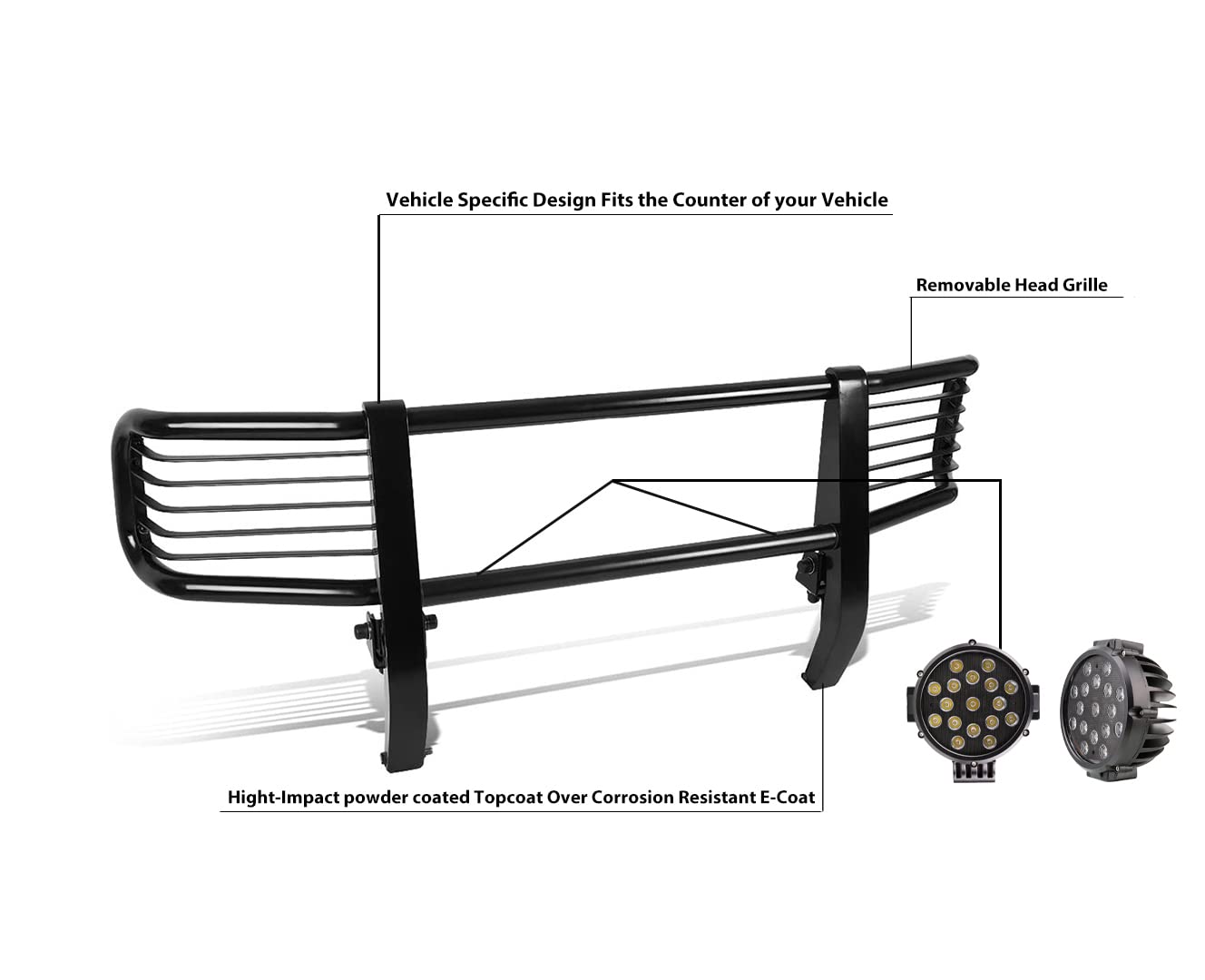 Black Horse Grille Brush Bumper Guard Black Modular Come with Pair of 7.0" LED Lights with Black Trim Rings Compatible with 2003-2010 Mercedes-Benz G55 AMG|1999-2010 Mercedes-Benz G500-PGBZA008A-PLB