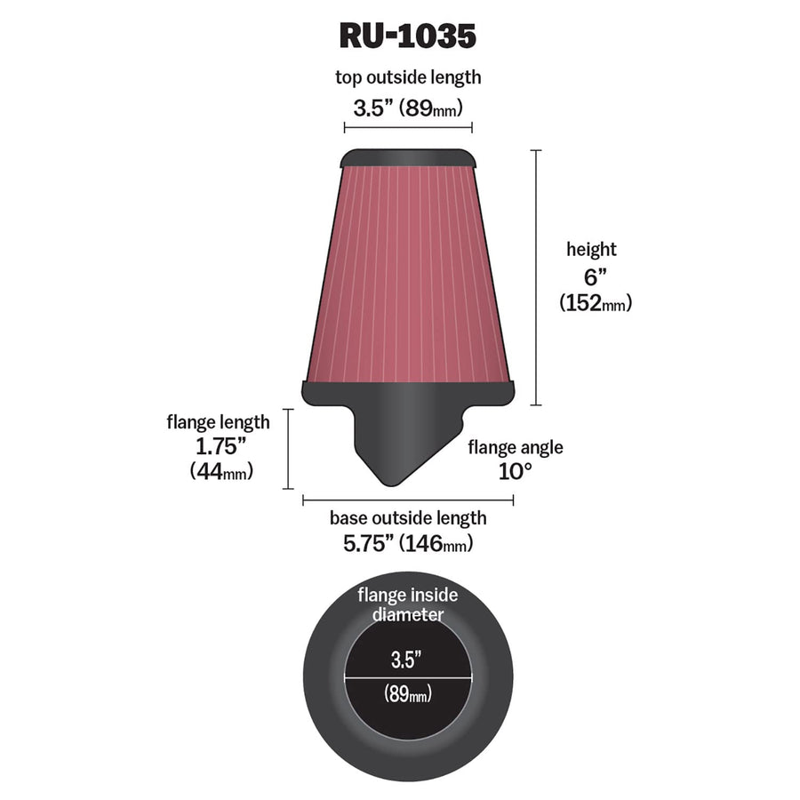 High-Flow K&N Original Lifetime Universal Clamp-On Air Filter: High Performance, Premium, Washable: Flange Diameter: 3.5 In, Filter Height: 6 In, Flange Length: 1.75 In, Shape: Round Tapered, RU-1035